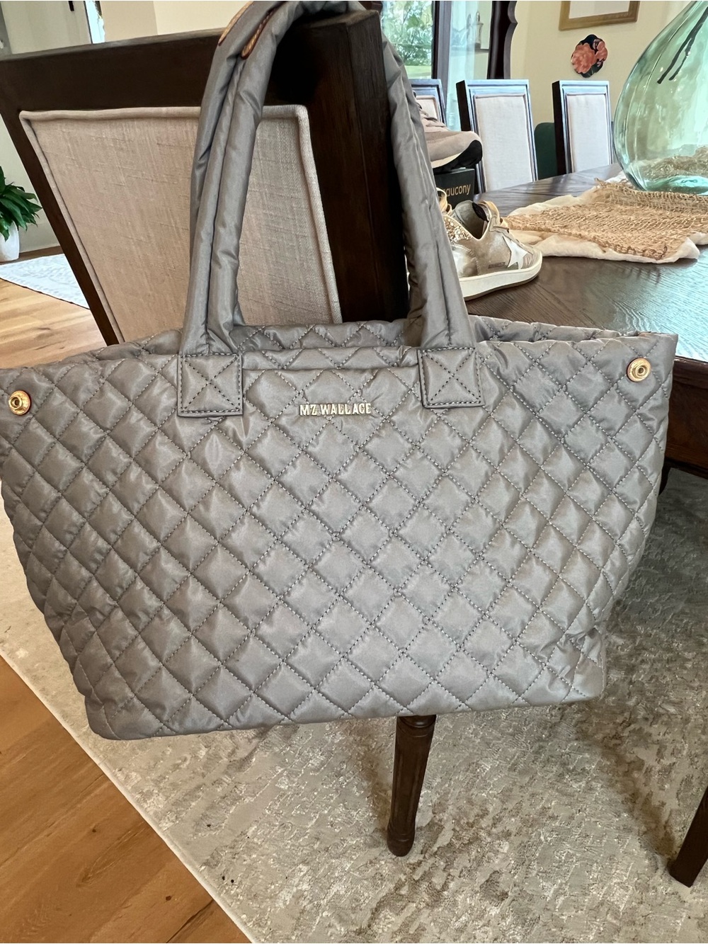 MZ Wallace Light Gray Quilted Tote with Gold Accents